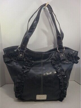 Nine West Black Faux Leather Shoulder Tote w/ Ruffle Trim